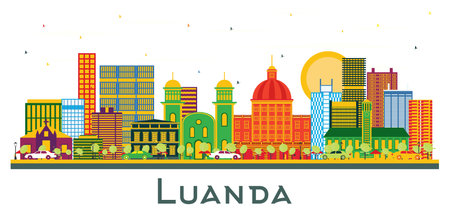 Luanda Angola city Skyline with Color Buildings isolated on white. vector illustration. Business Travel and Tourism Concept with Modern Architecture. Luanda cityscape with landmarks.のイラスト素材