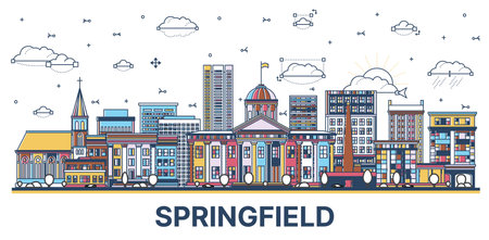 Outline Springfield Illinois City Skyline with Colored Modern and Historic Buildings Isolated on White. vector illustration. Springfield USA Cityscape with Landmarks.のイラスト素材