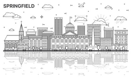 Outline Springfield Illinois City Skyline with Modern Buildings and Reflections Isolated on White. vector illustration. Springfield USA Cityscape with Landmarks.のイラスト素材