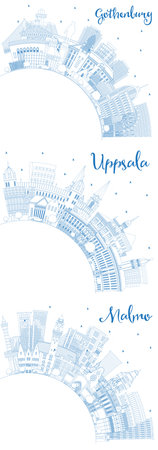Outline Uppsala, Malmo and Gothenburg Sweden City Skyline Set with Blue Buildings and Copy Space. Cityscape with Landmarks. Business Travel and Tourism Concept with Historic Architecture.の写真素材
