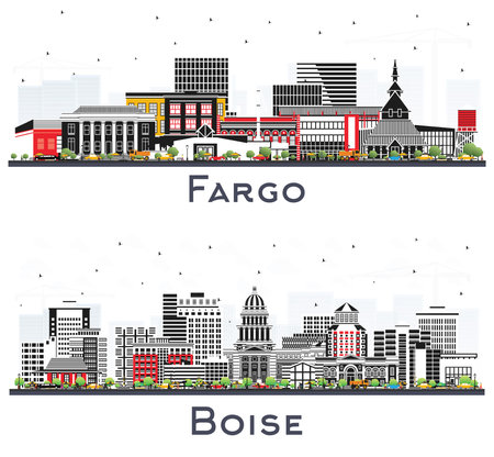 Boise Idaho and Fargo North Dakota City Skyline Set with Color Buildings Isolated on White. Cityscape with Landmarks.の写真素材