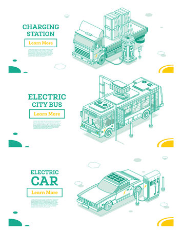 Isometric Electric Car, Bus and Flatbed Cargo Truck with Boxes on Charging Station. commercial transport. Logistics. City Object for Infographics. Car for Carriage of Goods. front view.の写真素材