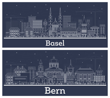 Outline Bern and Basel Switzerland City Skyline Set with White Buildings. Concept with Historic Architecture. Cityscape with Landmarks.の写真素材