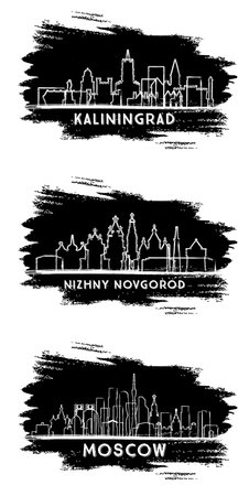Moscow, Nizhny Novgorod and Kaliningrad Russia City Skyline Silhouette Set. Hand Drawn Sketch. Business Travel and Tourism Concept with Modern Architecture.の写真素材