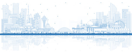 Outline Welcome to Kazakhstan. City Skyline with Blue Buildings and Reflections. vector illustration. Concept with Modern Architecture. Kazakhstan Cityscape with Landmarks. Nur-Sultan and Almaty.の写真素材