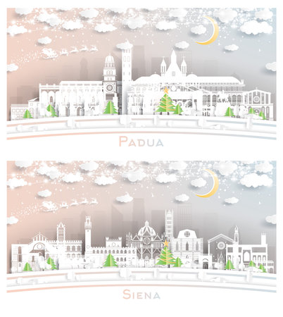 Siena Tuscany and Padua Italy City Skyline Set in Paper Cut Style with Snowflakes, Moon and Neon Garland. Christmas and New Year Concept. Santa Claus on Sleigh.の写真素材