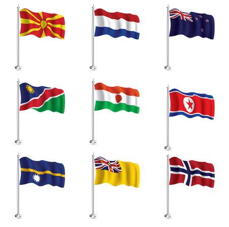 Namibia, Nauru, Netherlands, New Zealand, Niger, Niue, North Korea, Norwegian and North Macedonia Flags Set. Isolated Realistic Wave Flag on Flagpole. Illustration.の写真素材