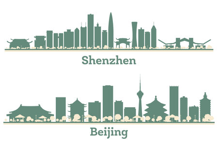 Abstract Beijing and Shenzhen China City Skyline set with Color Buildings. Business Travel and Tourism Concept with Modern Architecture.の写真素材