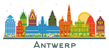 Antwerp Belgium City Skyline with Color Buildings isolated on white. vector illustration. Business Travel and Tourism Concept with Historic Architecture. Antwerp Cityscape with Landmarks.のイラスト素材