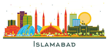 Islamabad Pakistan City Skyline with Color Buildings isolated on white. vector illustration. Business Travel and Tourism Concept with Historic Architecture. Islamabad Cityscape with Landmarks.のイラスト素材