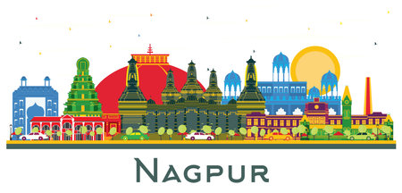 Nagpur India City Skyline with Color Buildings isolated on white. vector illustration. Business Travel and Tourism Concept with Historic Architecture. Nagpur Cityscape with Landmarks.のイラスト素材