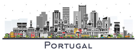 Portugal. City Skyline with Gray Buildings isolated on white. Vector Illustration. Concept with Modern and Historic Architecture. Portugal Cityscape with Landmarks. Porto and Lisbon.のイラスト素材