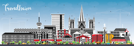 Trondheim Norway City Skyline with Color Buildings and Blue Sky. Vector Illustration. Trondheim Cityscape with Landmarks. Business Travel and Tourism Concept with Historic Architecture.のイラスト素材