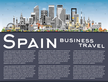 Spain City Skyline with Gray Buildings, Blue Sky and Copy Space. Vector Illustration. Modern and Historic Architecture. Spain Cityscape with Landmarks. Madrid. Barcelona. Valencia. Seville. Zaragoza.のイラスト素材