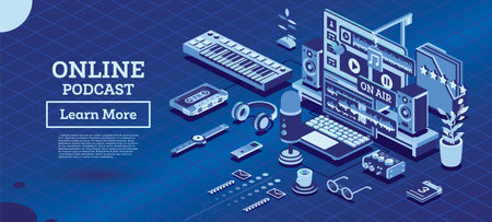 Online Podcast or Radio Show. vector illustration. Isometric Music Concept. recording equipment. Microphone, Laptop, Headphones, Mixer and Midi Keyboard. audio blog.のイラスト素材