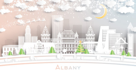 Albany New York. Winter City Skyline in Paper Cut Style with Snowflakes, Moon and Neon Garland. Christmas and New Year Concept. Santa Claus on Sleigh. Albany Cityscape with Landmarks.のイラスト素材