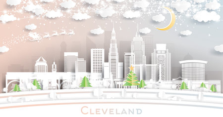 Cleveland Ohio USA. Winter City Skyline in Paper Cut Style with Snowflakes, Moon and Neon Garland. Christmas and New Year Concept. Santa Claus on Sleigh. Cleveland Cityscape with Landmarks.のイラスト素材