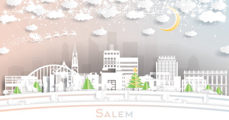 Salem Oregon USA. Winter City Skyline in Paper Cut Style with Snowflakes, Moon and Neon Garland. Christmas and New Year Concept. Santa Claus on Sleigh. Salem Cityscape with Landmarks.のイラスト素材