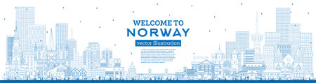 Outline Norway city skyline with blue buildings. Vector illustration. Concept with historic and modern architecture. Norway cityscape with landmarks. Oslo. Stavanger. Trondheim. Bergen.のイラスト素材