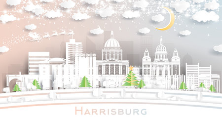 Harrisburg Pennsylvania USA. Winter City Skyline in Paper Cut Style with Snowflakes, Moon and Neon Garland. Christmas, New Year Concept. Santa Claus on Sleigh. Harrisburg Cityscape with Landmarks.のイラスト素材