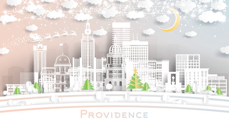 Providence Rhode Island USA. Winter City Skyline in Paper Cut Style with Snowflakes, Moon and Neon Garland. Christmas, New Year Concept. Santa Claus on Sleigh. Providence Cityscape with Landmarks.のイラスト素材