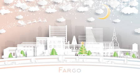 Fargo North Dakota USA. Winter City Skyline in Paper Cut Style with Snowflakes, Moon and Neon Garland. Christmas, New Year Concept. Santa Claus on Sleigh. Fargo Cityscape with Landmarks.のイラスト素材
