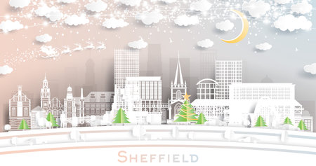Sheffield UK. Winter City Skyline in Paper Cut Style with Snowflakes, Moon and Neon Garland. Christmas, New Year Concept. Santa Claus on Sleigh. Sheffield South Yorkshire Cityscape with Landmarks.のイラスト素材