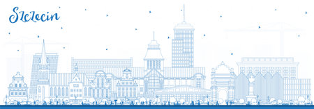 Outline Szczecin Poland city skyline with blue buildings. Vector illustration. Szczecin cityscape with landmarks. Business travel and tourism concept with modern and historic architecture.のイラスト素材