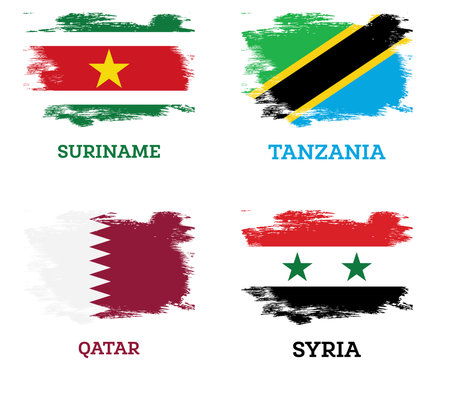 Tanzania, Qatar, Syria and Suriname Flags set with Brush Strokes. Independence Day. Isolated on white.の写真素材