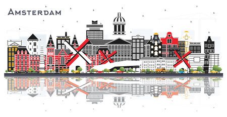 Amsterdam Holland City Skyline with Color Buildings and reflections Isolated on White. Vector Illustration. Tourism Concept with Historic Architecture. Amsterdam Netherlands Cityscape with Landmarks.のイラスト素材