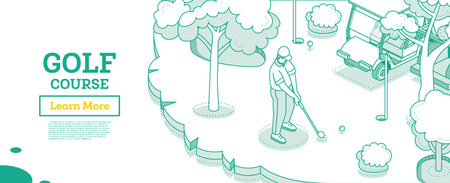 Golf course. Isometric concept with country sports club. Golfer and golf cart on play field with holes, flagsticks and sand traps. Golf tournament. Vector illustration. Outline trees.のイラスト素材