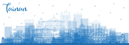 Outline Tainan Taiwan City Skyline with Blue Buildings. Vector Illustration. Business Travel and Tourism Concept with Historic Architecture. Tainan Cityscape with Landmarks.のイラスト素材