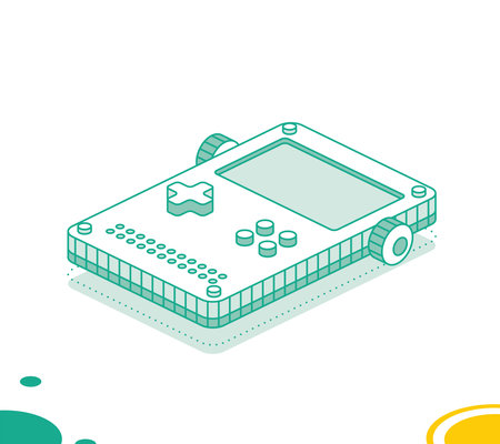 Isometric portable handheld retro gaming console with buttons. Outline concept. Vector illustration. Object isolated on white background.のイラスト素材