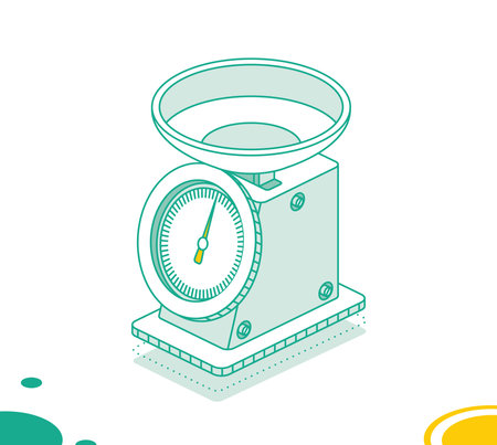 Kitchen classic scales with weighing bowl. Analogue mechanical food scales. Vector illustration. Isometric outline object isolated on white background. Icon for web.のイラスト素材