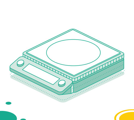 Digital domestic food scale with pull-out display. Vector illustration. Isometric outline object isolated on white background. Icon for web.のイラスト素材