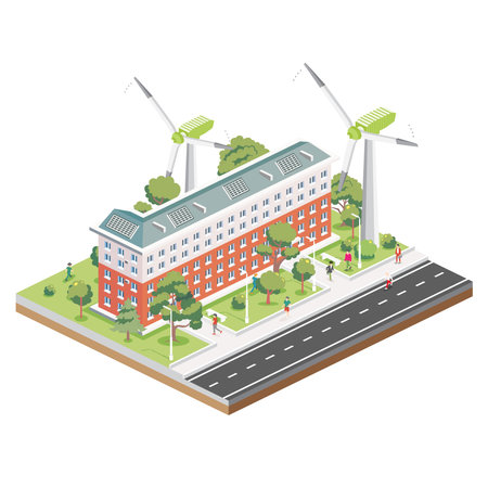 Isometric Residential Five Storey Building with Solar Panels with Wind Turbines. Green Eco Friendly House. Infographic Element. Vector Illustration. City Architecture Isolated on White Background.のイラスト素材