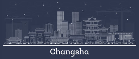 Outline Changsha China city skyline with white buildings. Vector illustration. Business travel and tourism concept with historic architecture. Changsha cityscape with landmarks.のイラスト素材