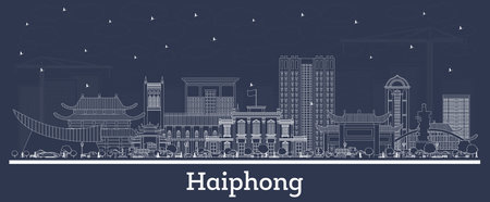 Outline Haiphong Vietnam city skyline with white buildings. Vector illustration. Business travel and tourism concept with historic architecture. Haiphong cityscape with landmarks.のイラスト素材