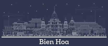 Outline Bien Hoa Vietnam city skyline with white buildings. Vector illustration. Business travel and tourism concept with historic architecture. Bien Hoa cityscape with landmarks.のイラスト素材