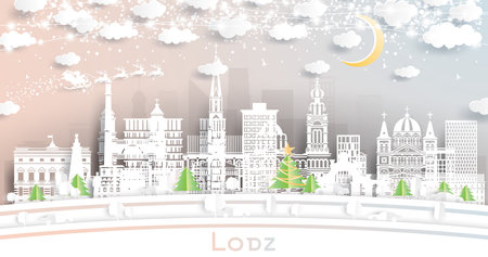 Lodz Poland. Winter city skyline in paper cut style with snowflakes, moon and neon garland. Christmas and new year concept. Santa Claus on sleigh. Lodz cityscape with landmarks.のイラスト素材