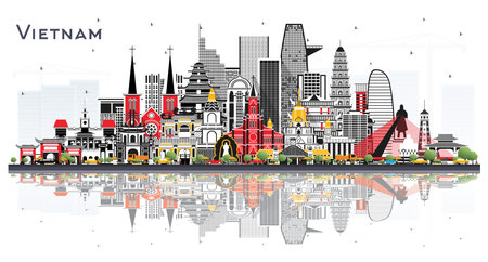 Vietnam city skyline with gray buildings and reflections isolated on white. Vector illustration. Tourism concept. Vietnam cityscape with landmarks. Hanoi. Ho Chi Minh. Haiphong. Da Nang.のイラスト素材