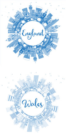 Outline Wales and England City Skyline set with Blue Buildings and Copy Space. Illustration. Concept with Historic Architecture. Cityscape with Landmarks. Bristol. Leeds. Sheffield. London.の写真素材