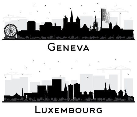 Luxembourg and Geneva Switzerland City Skyline Silhouette set with Black Buildings Isolated on White. Cityscape with Landmarks. Travel and Tourism Concept with Historic Architecture.の写真素材