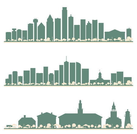 Abstract Burlington Vermont, Denver and Dallas USA City Skyline set with Color Buildings. Illustration. Business Travel and Tourism Concept with Modern Architecture.の写真素材
