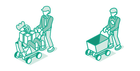Man Push Shopping Cart with Friend and Gift Box. Big Sale Icon. Supermarket Trolley. Outline Isometric Concept. Isolated on White. E-commerce and Online Shopping. Funny Buyers.の写真素材