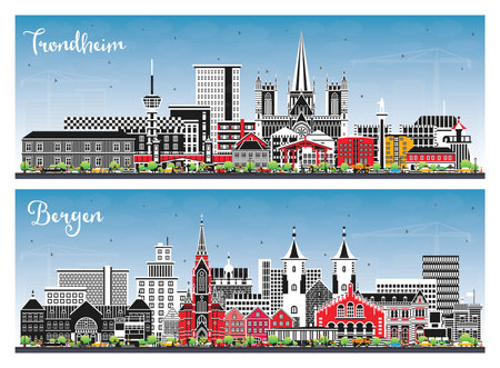 Bergen and Trondheim Norway City Skyline set with Color Buildings and Blue Sky. Illustration. Cityscape with Landmarks. Business Travel and Tourism Concept with Historic Architecture.の写真素材