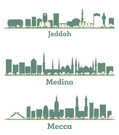 Abstract Medina, Mecca and Jeddah Saudi Arabia City Skyline silhouette set with Color Buildings. Illustration. Business Travel and Tourism Concept with Modern Architecture.の写真素材