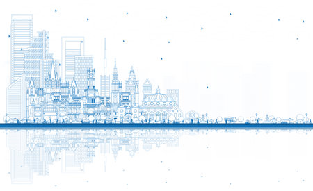 Welcome to Spain. Outline City Skyline with Blue Buildings and Reflections. Historic Architecture. Spain Cityscape with Landmarks. Madrid. Barcelona. Valencia. Seville. Zaragoza.の写真素材