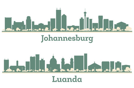 Abstract Luanda Angola and Johannesburg Africa City Skyline silhouette set with Color Buildings. Illustration. Business Travel and Tourism Concept with Modern Architecture.の写真素材
