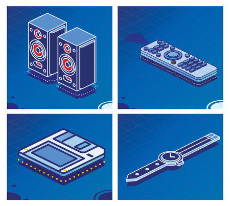 Isometric Wrist Watches, TV Remote Control, Floppy Disk and Stereo Acoustic Speakers set. Outline Style. Sound System on Blue Background. Loudspeaker Icon.の写真素材